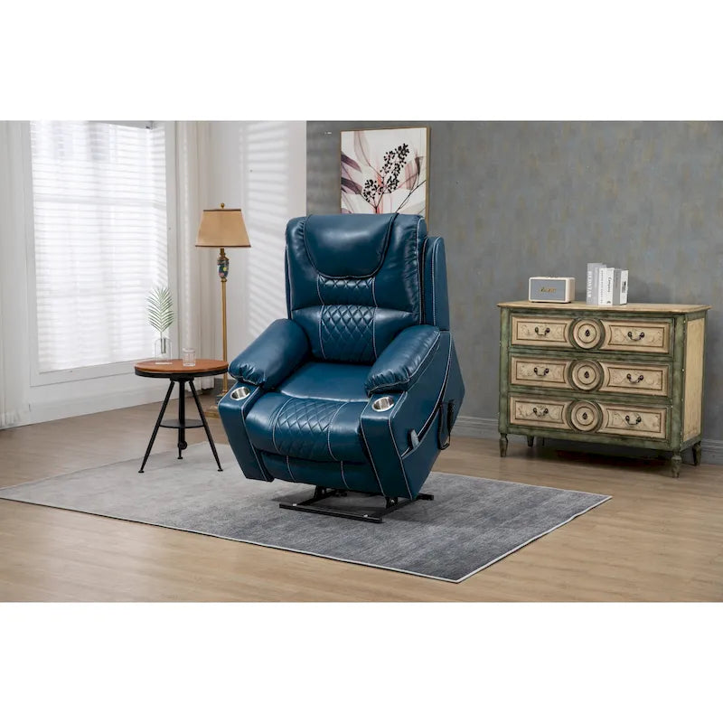 Fauteuil inclinable électrique surdimensionné en cuir PU bleu avec massage
