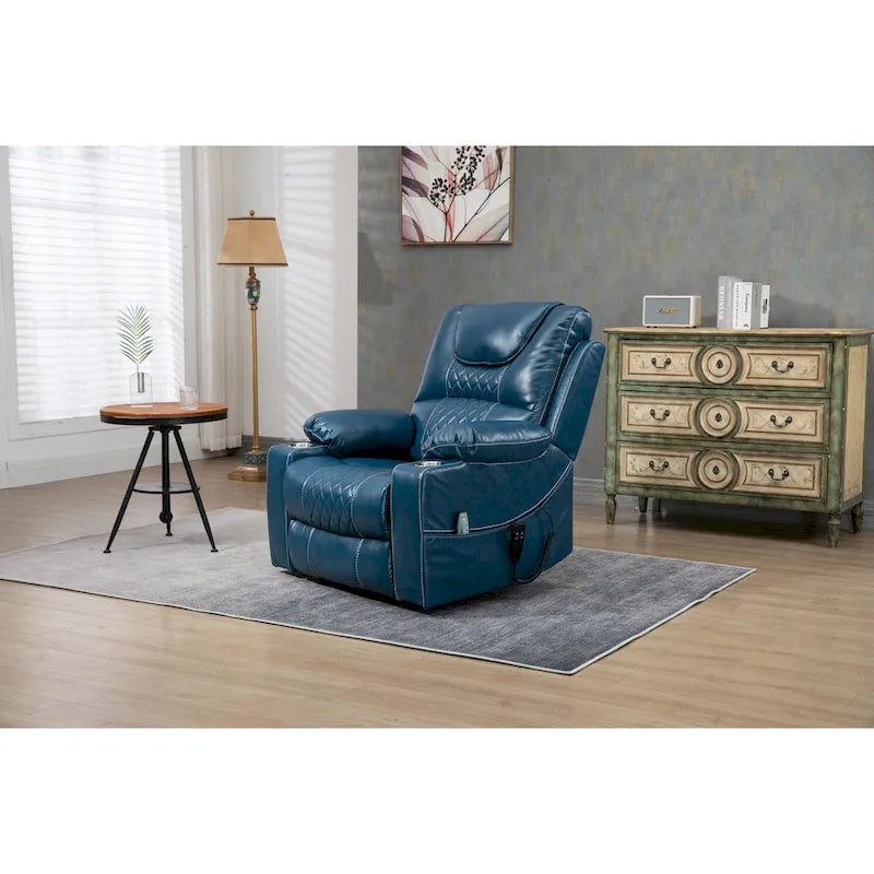 Fauteuil inclinable électrique surdimensionné en cuir PU bleu avec massage