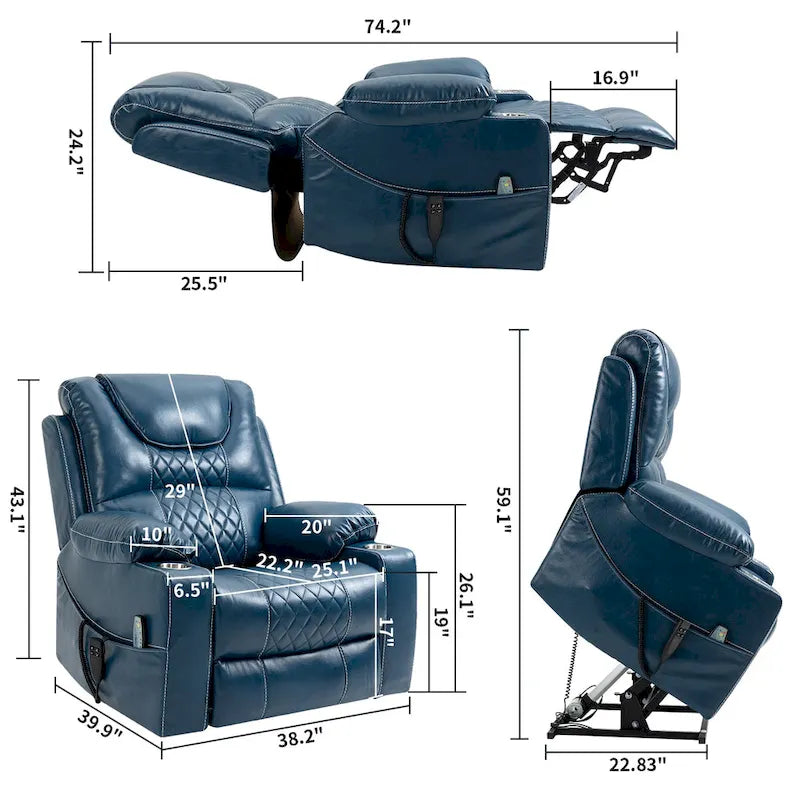 Fauteuil inclinable électrique surdimensionné en cuir PU bleu avec massage
