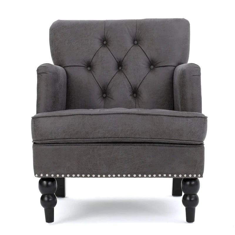 Fauteuil club capitonné en tissu gris ardoise