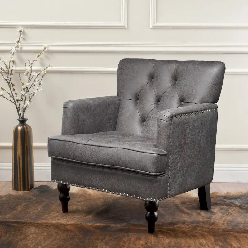 Fauteuil club capitonné en tissu gris ardoise