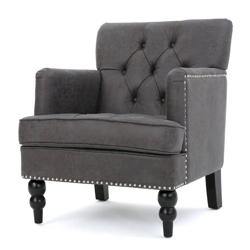 Fauteuil club capitonné en tissu gris ardoise