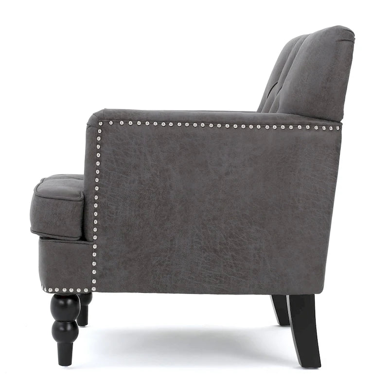 Fauteuil club capitonné en tissu gris ardoise