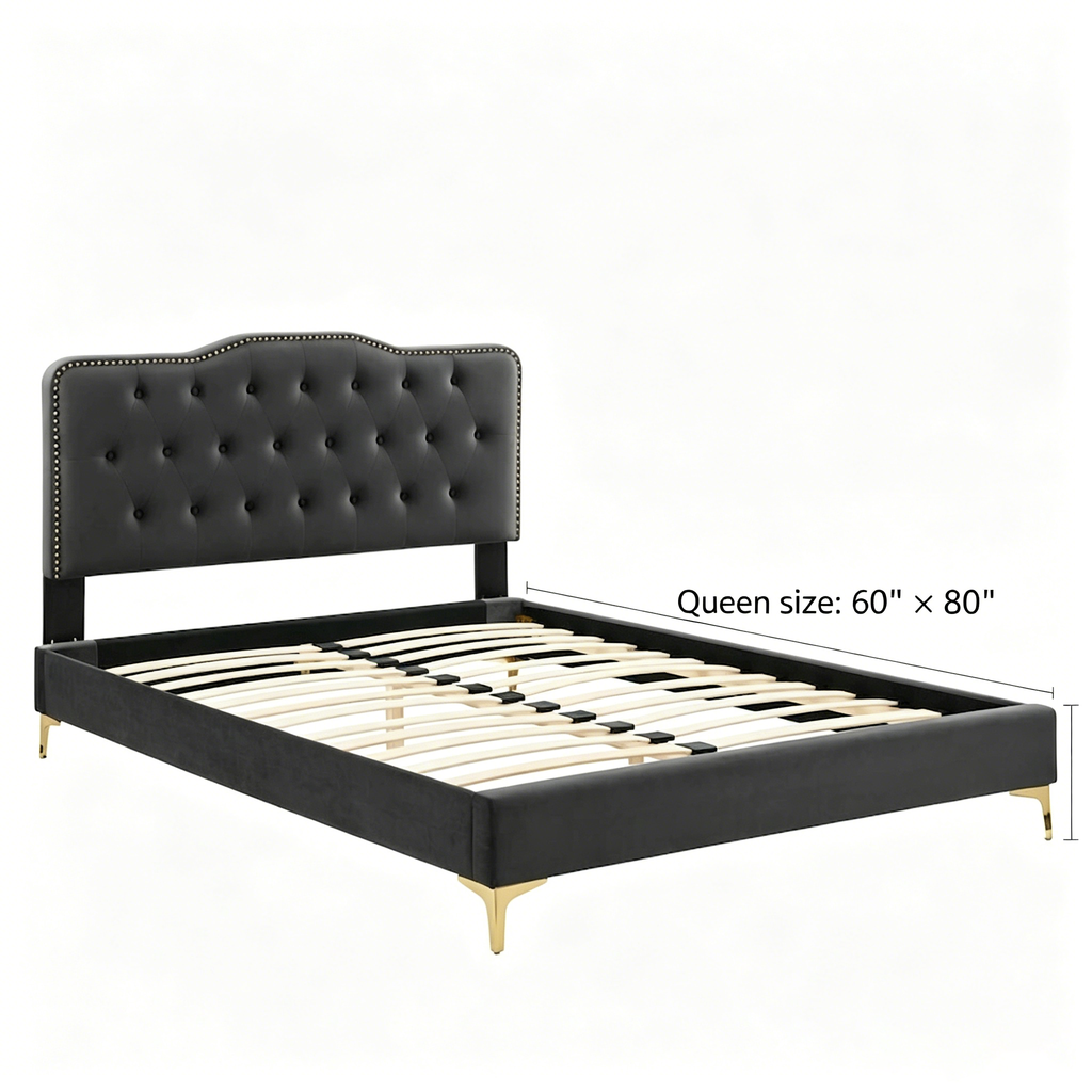 Lit plateforme simple en velours de performance touffeté ambre