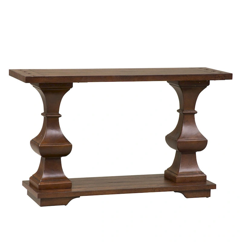 Table basse marron avec un plateau épais en chêne