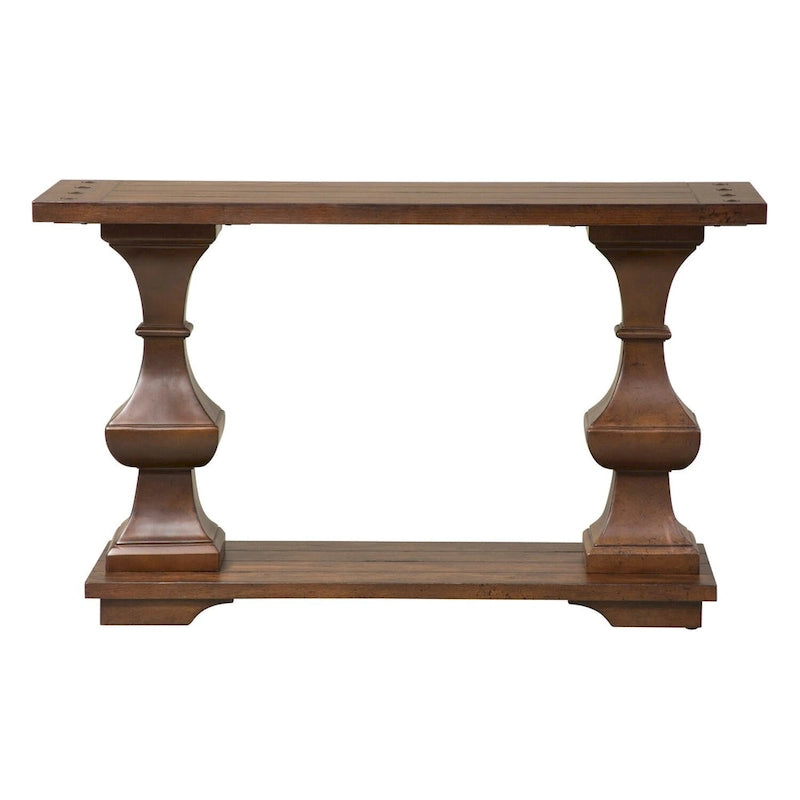 Table basse marron avec un plateau épais en chêne