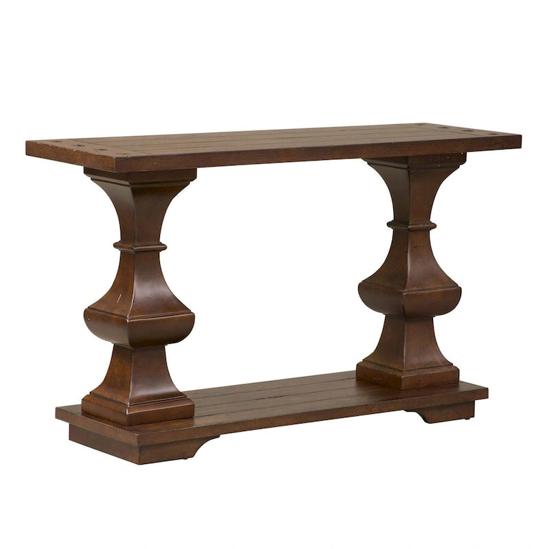Table basse marron avec un plateau épais en chêne