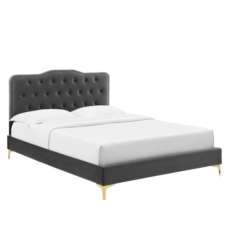 Lit plateforme simple en velours de performance touffeté ambre