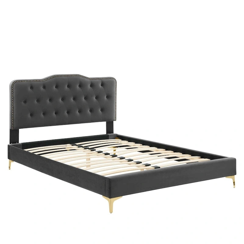 Lit plateforme simple en velours de performance touffeté ambre