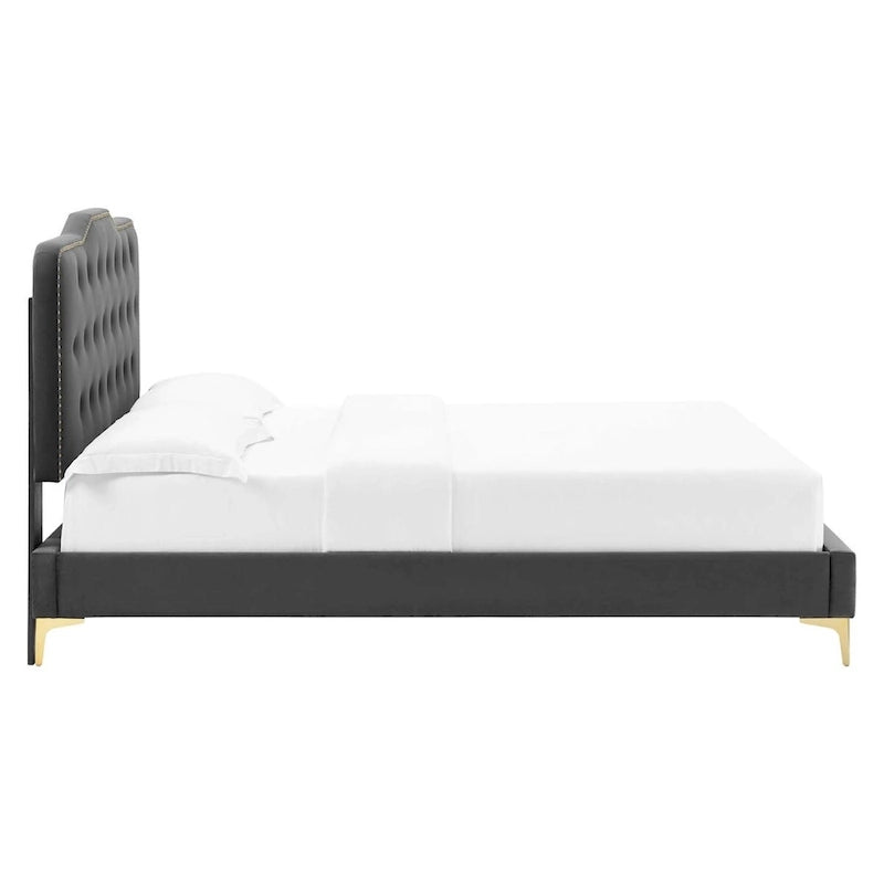 Lit plateforme simple en velours de performance touffeté ambre