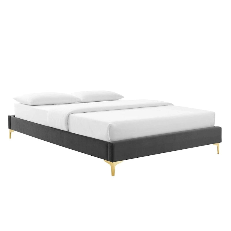 Lit plateforme simple en velours de performance touffeté ambre
